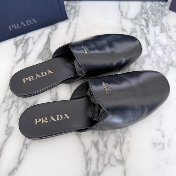 Prada Milano Black Leather Mule Slides Gold Logo Slip On Flat Shoes Mens UK6.5 main image 13